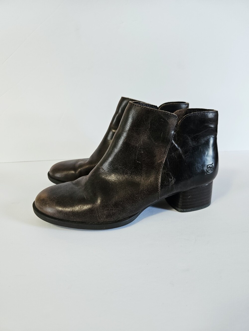 Børn Kenzy Brown Italian Leather Stacked Heel Side Zip Ankle Chelsea Booties 7.5